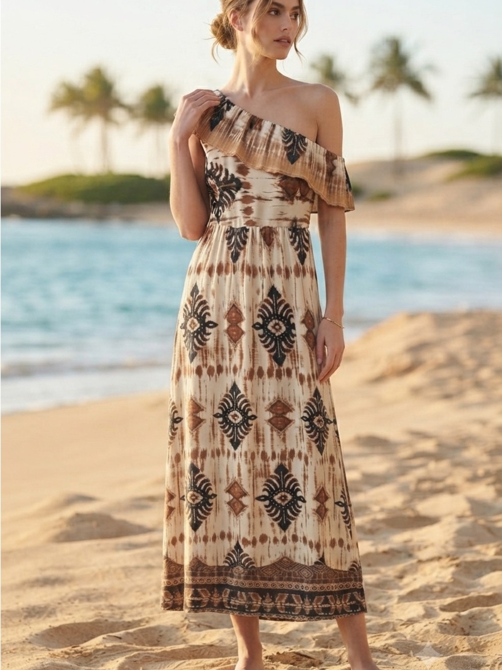 Vintage Kiwi Y2K Boho One-Shoulder Maxi Dress